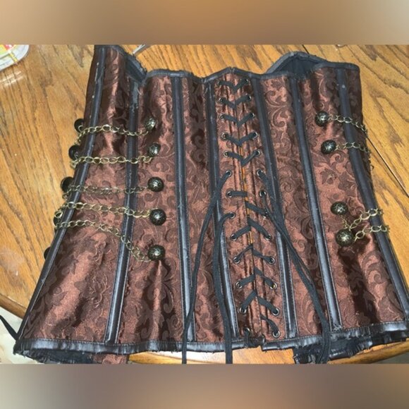 Mahogany Damask Steampunk Over-Bust Corset Top w/ Gold Accents Sz S/M - Picture 14 of 16